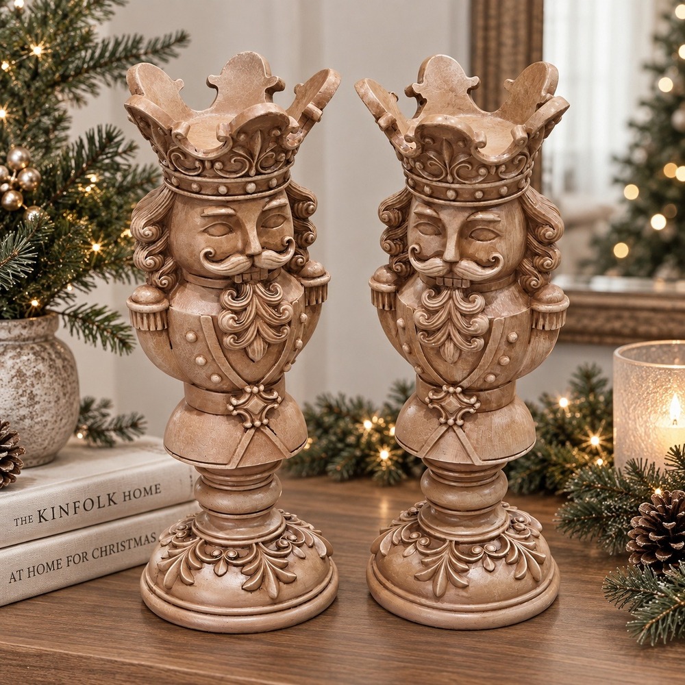 Nutcracker Pillar Candle Holders Set of 2 Tan Resin Neutral Christmas Decor NEW